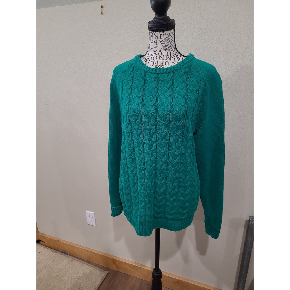Lands' End Drifter Women SZ M Emerald Green Cable Knit Crewneck Sweater Casual